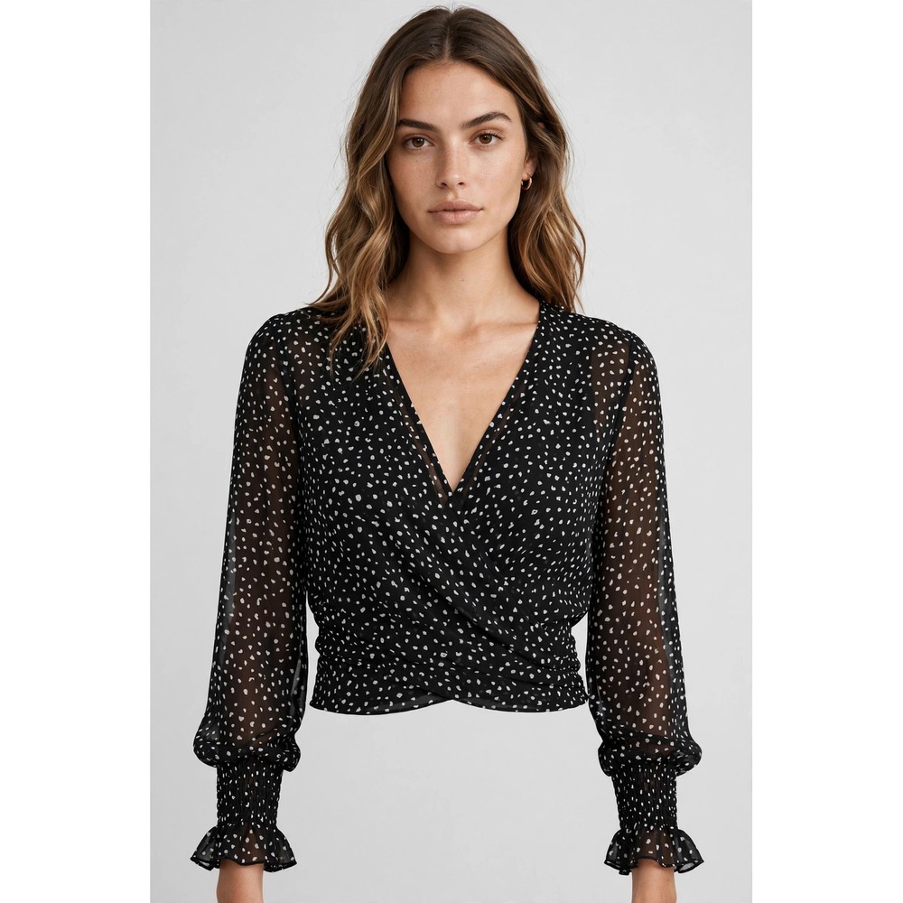 AllSaints Wrap Blouse Womens Medium Black White Dot Chiffon Ruffle Cuff Top